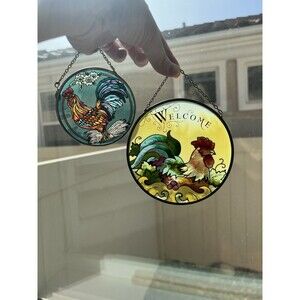 Lot Of 2 Stained Glass Round Sun Catcher Hand Painted‎ Rooster Colorful